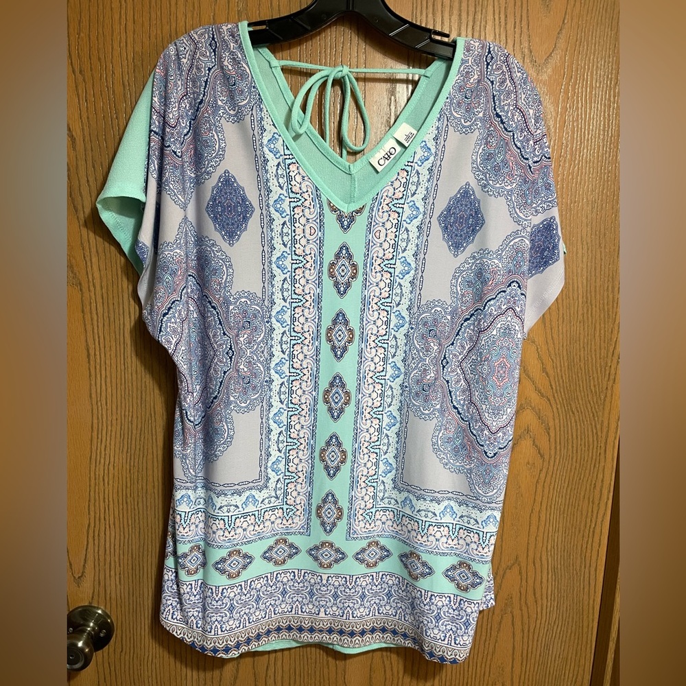 EUC Mint Green Blouse with Blue Patterns and Tie Back